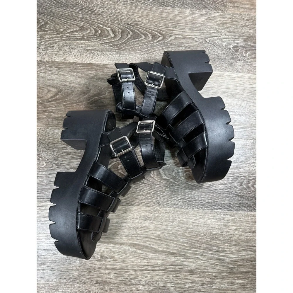 Black Strappy Gladiator Platform Sandals Chunky Lug Heel Womens Size 9 Y2K Edgy